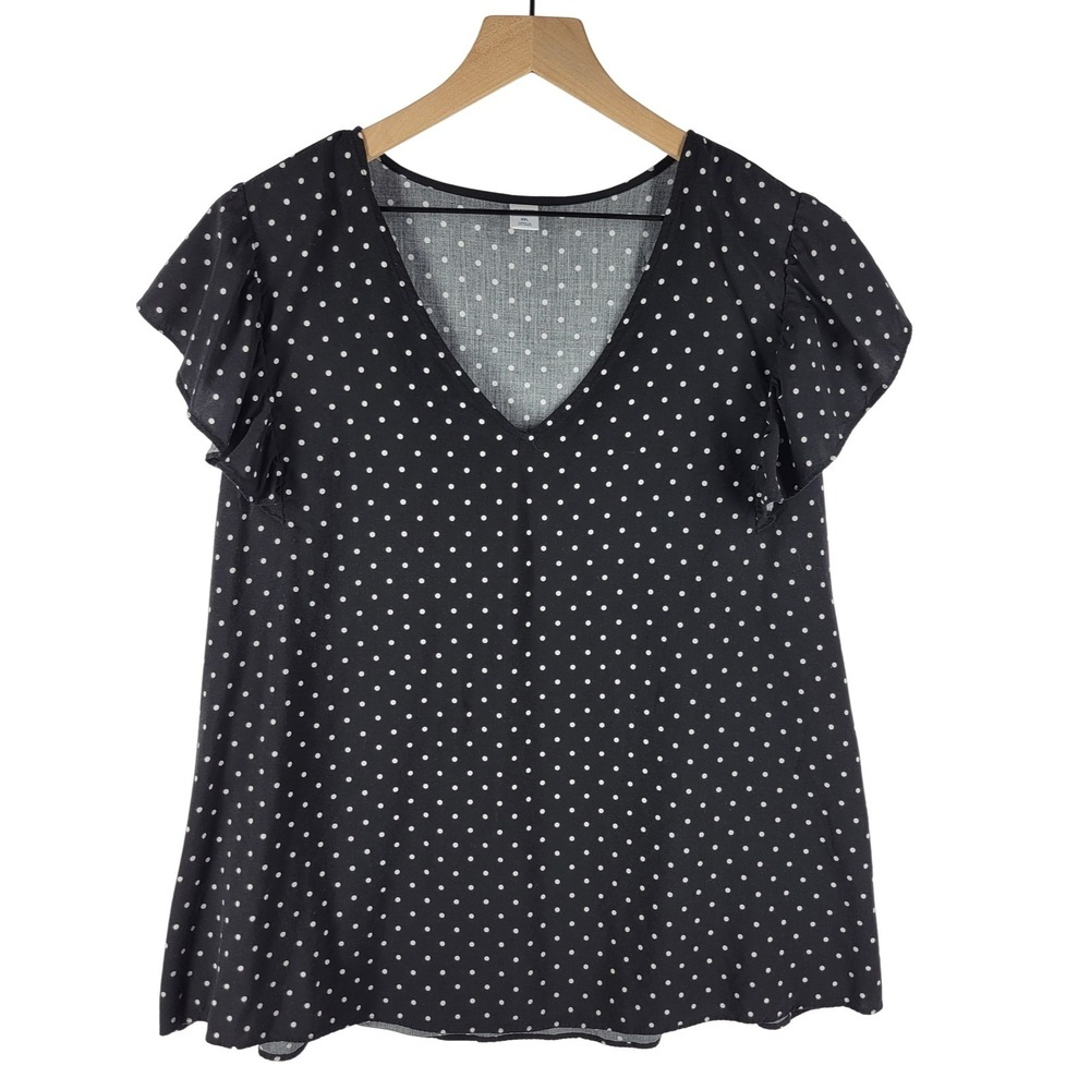 Old Navy Polka Dot Flutter Sleeve‎ Top Womens XXL Black White V Neck Romantic